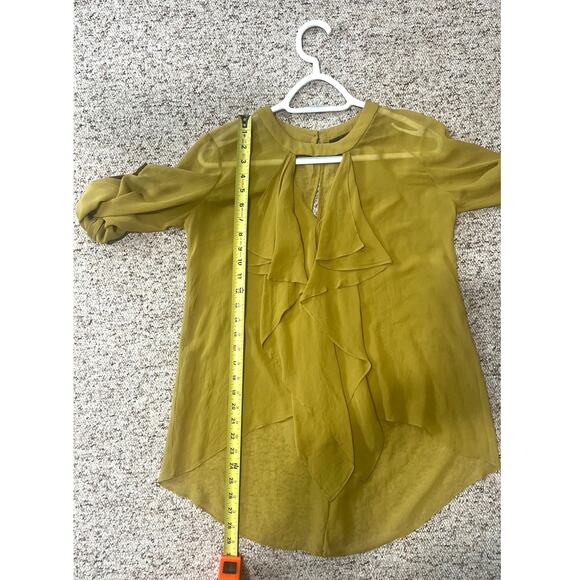 BCBGMAXAZRIA Sheer Blouse Top Enya Cascade Ruffle Olive Green Roll Up Sleeve XS - Picture 3 of 6